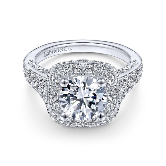 Vintage Inspired 14K White Gold Round Halo Diamond Engagement Ring