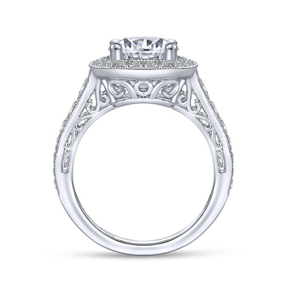 Vintage Inspired 14K White Gold Round Halo Diamond Engagement Ring