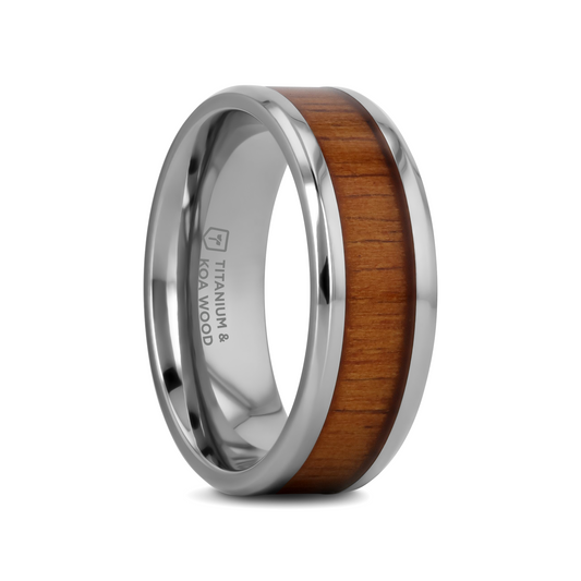KOAN Titanium Polished Finish Koa Wood Inlaid Men's Wedding Ring with Beveled Edges - 6mm & 8mm