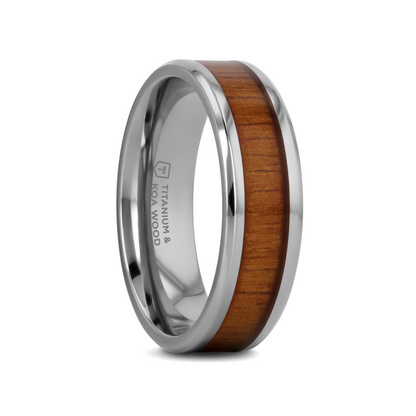 KOAN Titanium Polished Finish Koa Wood Inlaid Men's Wedding Ring with Beveled Edges - 6mm & 8mm