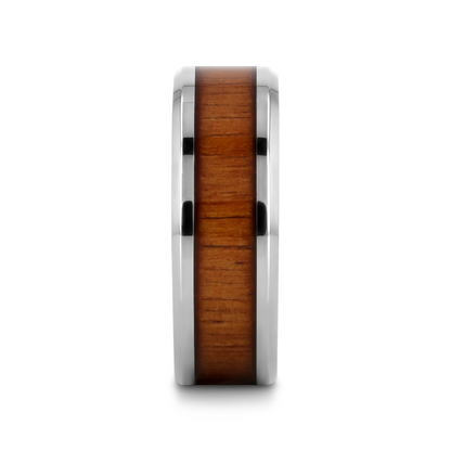 KOAN Titanium Polished Finish Koa Wood Inlaid Men's Wedding Ring with Beveled Edges - 6mm & 8mm