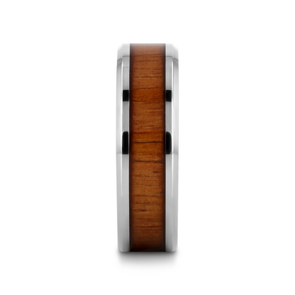 KOAN Titanium Polished Finish Koa Wood Inlaid Men's Wedding Ring with Beveled Edges - 6mm & 8mm