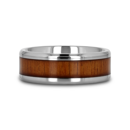 KOAN Titanium Polished Finish Koa Wood Inlaid Men's Wedding Ring with Beveled Edges - 6mm & 8mm