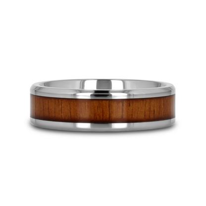 KOAN Titanium Polished Finish Koa Wood Inlaid Men's Wedding Ring with Beveled Edges - 6mm & 8mm
