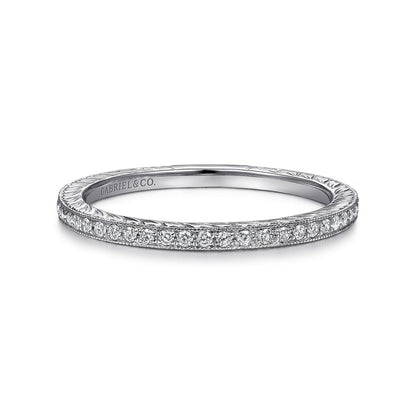14K White Gold Hand Carved Stackable Diamond Ring