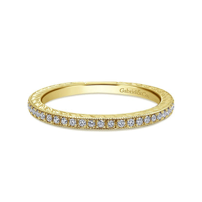 14K Yellow Gold Hand Carved Stackable Diamond Ring