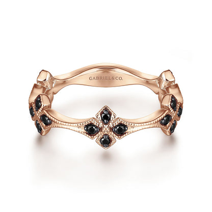 14K Rose Gold Floral Black Diamond Station Stackable Ring