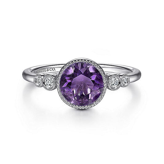 Gabriel & Co. LR51448W45AM 14K White Gold Round Bezel Set Amethyst and Diamond Ring