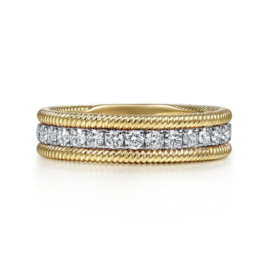 14K Yellow Gold Diamond Band Stackable with Twisted Rope Border