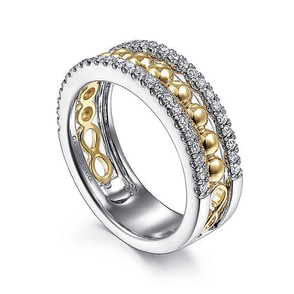 Gabriel & Co. LR51778M45JJ 14K White-Yellow Gold Three Row Diamond and Bujukan Bead Center Ring