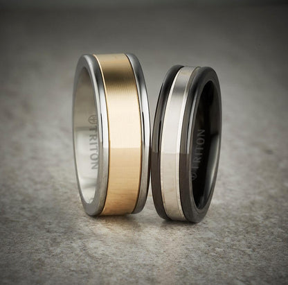 8MM Grey Tungsten Carbide Ring - Linear 14K Yellow Gold Insert with Round Edge