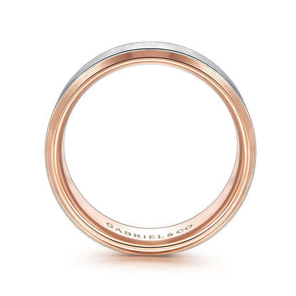 14K White-Rose Gold 8mm - Two Tone Beveled Edge Men's Wedding Band in Satin Finish