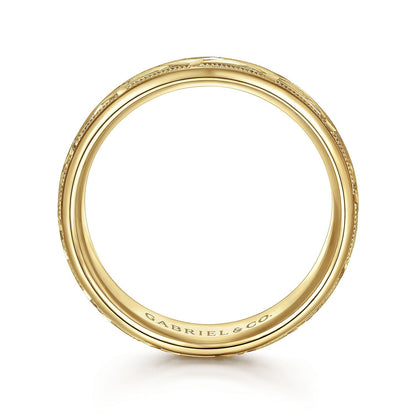 14K Yellow Gold 7mm - Engraved Woven Men's Wedding Band in Satin Finish