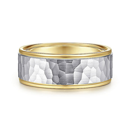 Gabriel & Co. MBM0129-80M4JJJ 14K White-Yellow Gold 8mm - Hammered Center and Polished Edge Men's Wedding Band