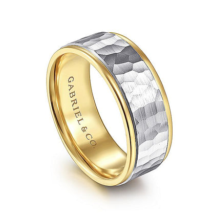 Gabriel & Co. MBM0129-80M4JJJ 14K White-Yellow Gold 8mm - Hammered Center and Polished Edge Men's Wedding Band