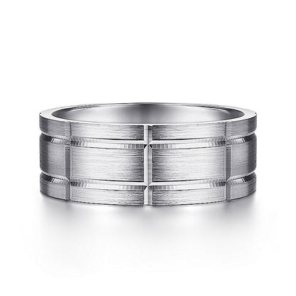Gabriel & Co. MBM0142-80W4JJJ 14K White Gold 8mm - Grooved Elongated Checkered Pattern Men's Wedding Band