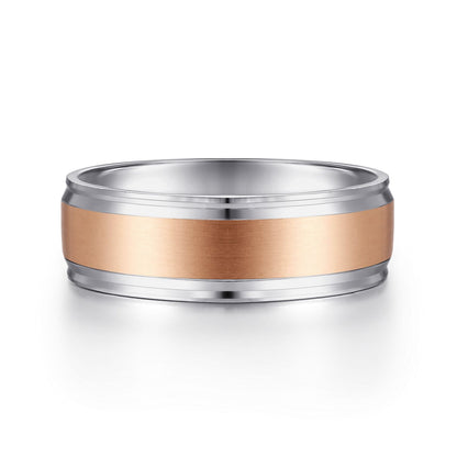 14K White-Rose Gold 7mm - Men's Wedding Band in Satin Finish