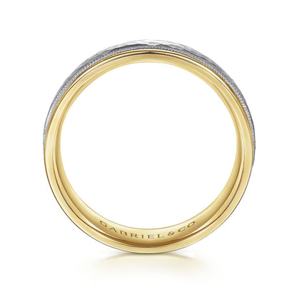 14K White-Yellow Gold 6mm - Two Tone Hammered Men's Wedding Band with Milgrain Edge