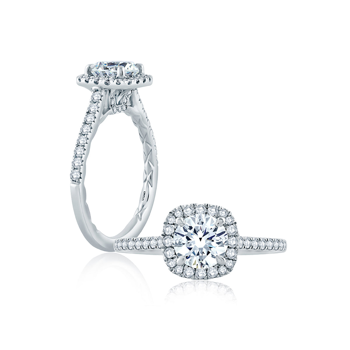 A.Jaffe Cushion Shaped Halo with Intricate Milgrain Accent Gallery Diamond Detail Engagement Ring ME2186Q/142