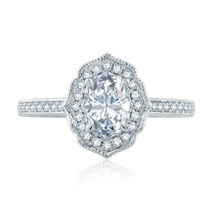 Floral Inspired Milgrain Detail Halo Oval Engagement Ring ME2194Q/147