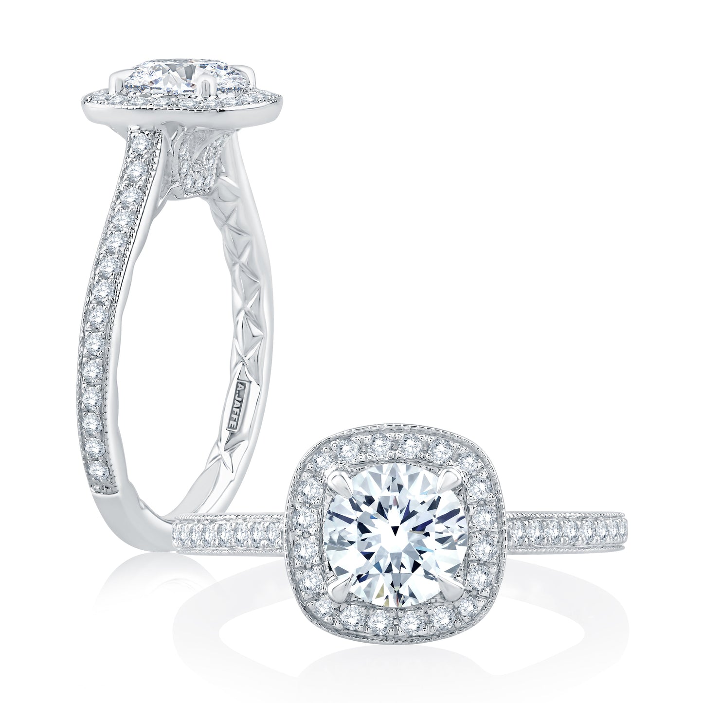 A.Jaffe Milgrain Detail Cushion Halo Round Center with Diamond Gallery Accent Quilted Engagement Ring ME2301Q/125