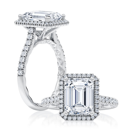 Modern Emerald Cut Diamond Engagment Ring with Diamond Pave Halo MECEC2920Q/347B
