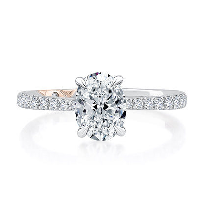 Oval Cut Center Hidden Halo Engagement Ring with Pave Band MECOV2727/128B