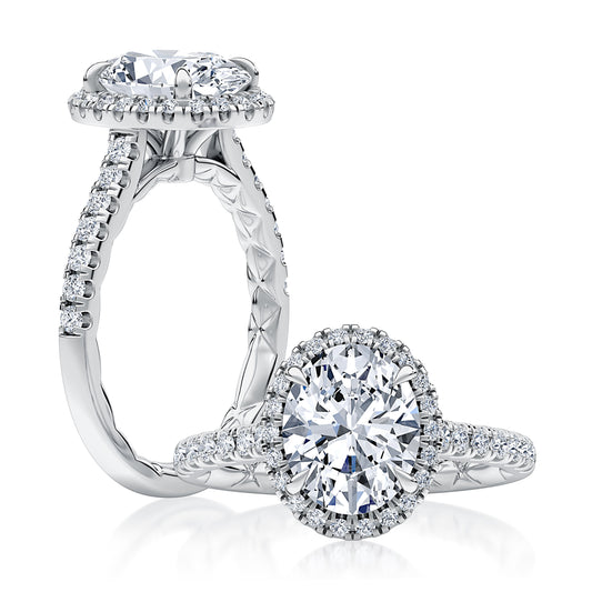 Oval Cut Diamond Engagement Ring with Oval Shaped Halo and Diamond Pave Band MECOV2920Q/189B