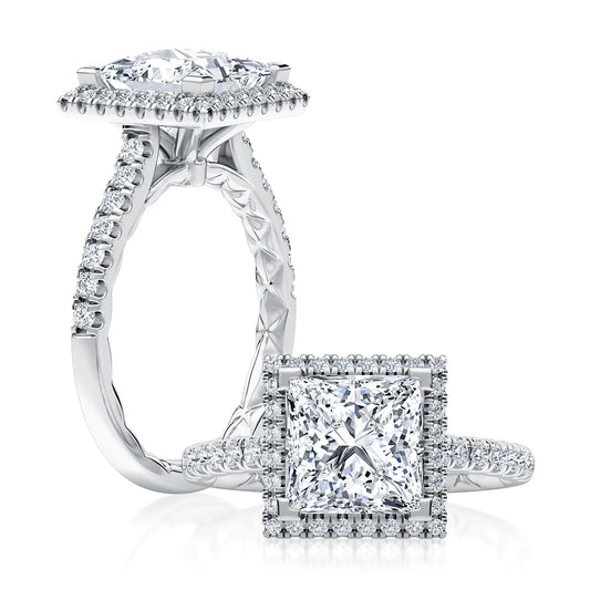 Moder Radiant Cut Diamond Engagement Ring with Halo and Pave Band MECPC2920Q/242