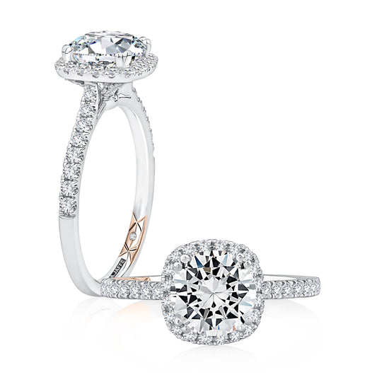 Cushion Shaped Halo Round Center Diamond Engagement Ring with Pave Band MECRD2546/163