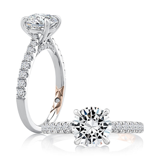 Round Center Diamond Engagement Ring with Peek-A-Boo Diamonds and Pave Band MECRD2730/139