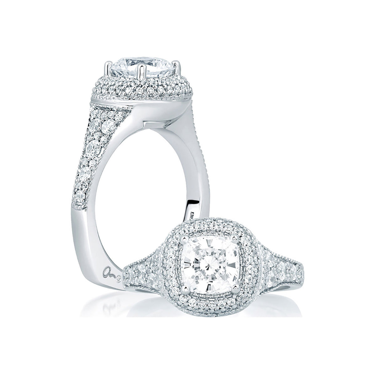 A.Jaffe Deco Halo with Cushion Cut Center Diamond Engagement Ring MES641/212