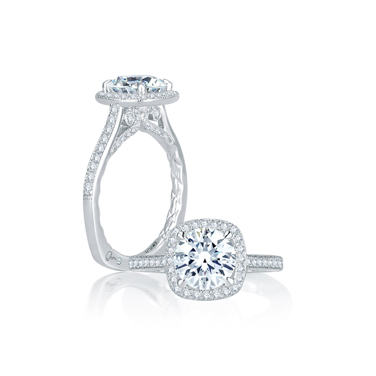 A.Jaffe Intricate Profile Detail Cushion Halo Diamond Quilted Engagement Ring MES754Q/191