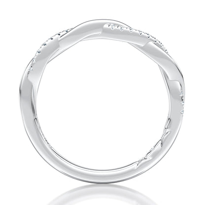 This wedding band features two alternating bands with hand set Pavé sparkling diamonds. Made for the modern bride who prefer the petite look and feel. MRCOV2544/11
