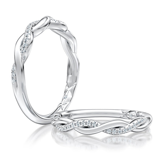 This wedding band features two alternating bands with hand set Pavé sparkling diamonds. Made for the modern bride who prefer the petite look and feel. MRCOV2544/11