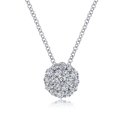 14K White Gold Prong Set Diamond Cluster Pendant Necklace
