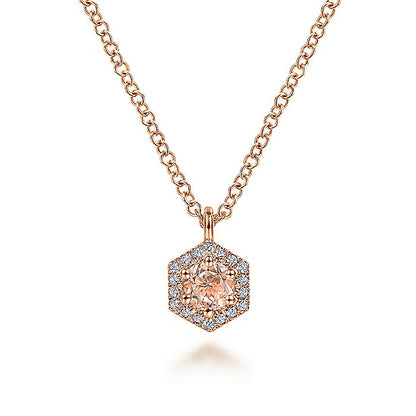 Gabriel & Co. NK5446K45MO 14K Rose Gold Hexagonal Halo Morganite and Diamond Pendant Necklace