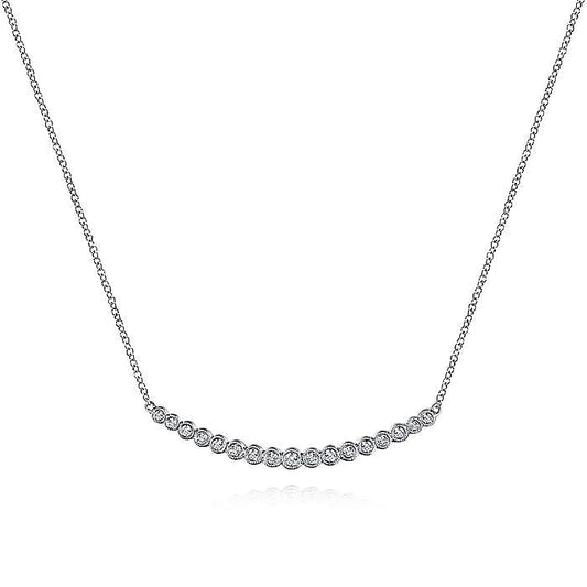 Gabriel & Co. NK5796W45JJ 14K White Gold Curved Bar Necklace with Bezel Set Round Diamonds