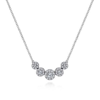 14K White Gold Round Diamond Halo Bar Necklace