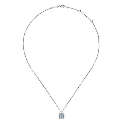 Gabriel & Co. NK6144W45AQ 14K White Gold Round Aquamarine and Cushion Diamond Halo Pendant Necklace