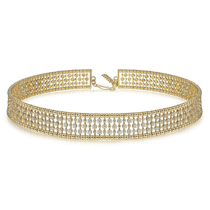 14K Yellow Gold Wide Diamond Station Choker Necklace with Bujukan Beads, 11.5+4 inch