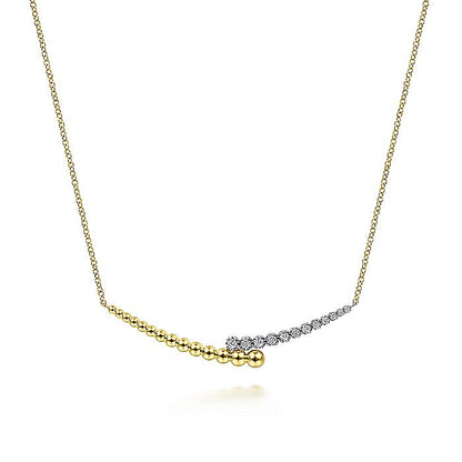 Gabriel & Co. NK6362M45JJ 14K Yellow-White Gold Diamond By-Pass and Bujukan Bead Curved Bar Necklace with Butter Cup Setting in size 17.5 inch