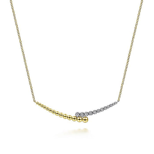 Gabriel & Co. NK6362M45JJ 14K Yellow-White Gold Diamond By-Pass and Bujukan Bead Curved Bar Necklace with Butter Cup Setting in size 17.5 inch