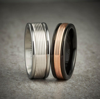 6MM Grey Tungsten Carbide Ring - Serrated Engraved 14K Yellow Gold Insert with Round Edge