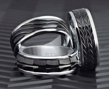 8MM Grey Tungsten Carbide Ring - Wave Black Titanium Insert with Round Edge