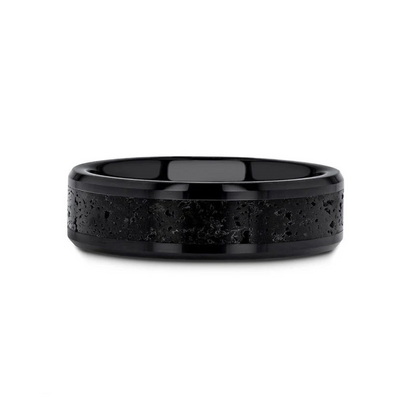 VESUVIUS Men's Polished Black Ceramic Wedding Band with Black & Gray Lava Rock Stone Inlay & Polished Beveled Edges - 6mm & 8mm