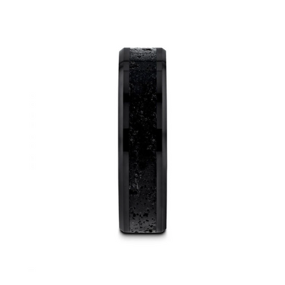 VESUVIUS Men's Polished Black Ceramic Wedding Band with Black & Gray Lava Rock Stone Inlay & Polished Beveled Edges - 6mm & 8mm