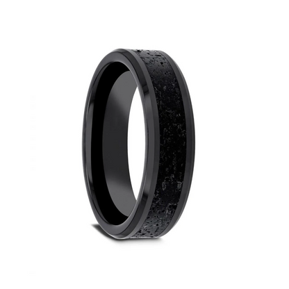 VESUVIUS Men's Polished Black Ceramic Wedding Band with Black & Gray Lava Rock Stone Inlay & Polished Beveled Edges - 6mm & 8mm