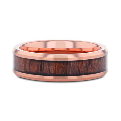 ALDER Rose Gold Plated Rosewood Inlaid Tungsten Men's Wedding Band With Beveled Polished Edges - 8mm