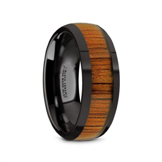 LINDEN Black Ceramic Polished Finish Men's Domed Wedding Band with Koa Wood Inlay - 8mm - Thorsten Rings
